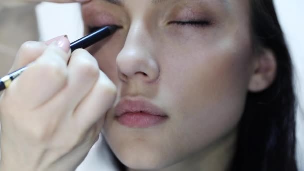 Make-up van de toepassing van de make-up artiest op een aantrekkelijke jonge vrouwen. — Stockvideo