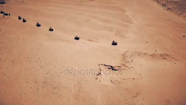 Luchtfoto van het skyline van jonge mannen rijden quads over de zandduinen in de woestijn. — Stockvideo