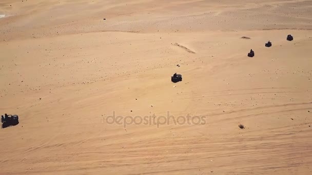 Skyline Aerial view of young men riding quad bikes over sand dunes in desert. — Stock Video