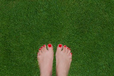 Yeşil çim üzerinde ayakta kırmızı çivi ile kadın güzel ayaklar.