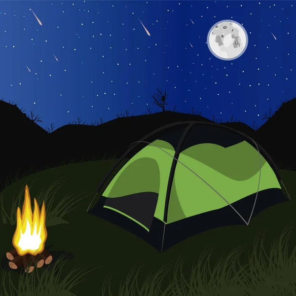 Campamento nocturno con fondo de luna — Archivo Imágenes Vectoriales