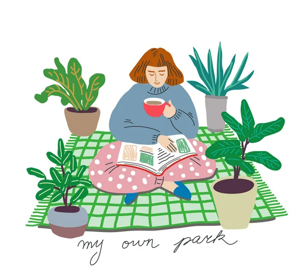 Mujer Joven Leyendo Libro Con Café Alfombra Casa Rodeó Plantas — Vector de stock