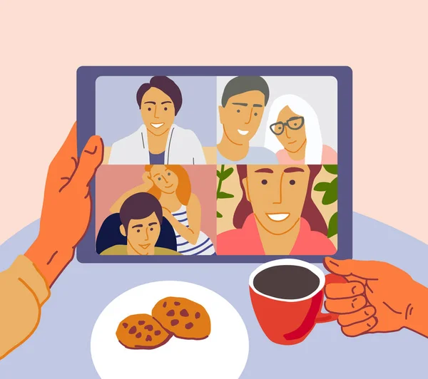 Online-Kommunikation. Videokonferenz mit Freunden. Halten Sie ein Tablet mit einer Videoanrufanwendung in der Hand — Stockvektor