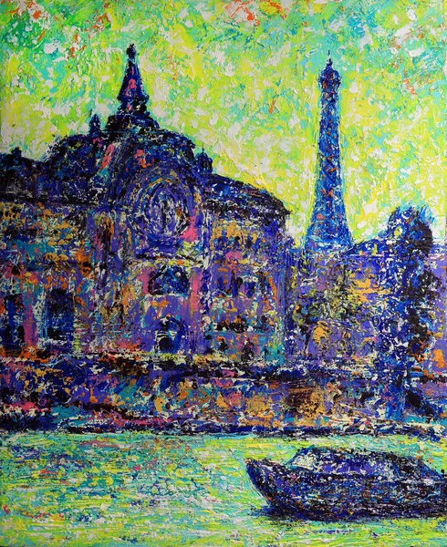 Orsay Museum and Eiffel tower on the original art painting — Stock Photo, Image
