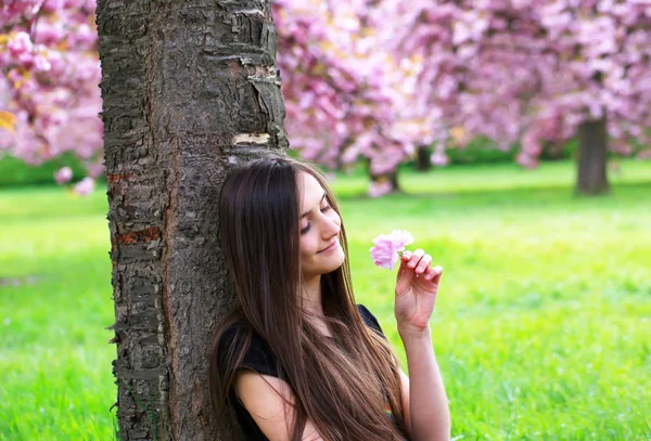 El estilete de pelo de la mujer joven en el parque de flores —  Fotos de Stock