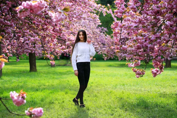 Mooie jonge vrouw in bloesem park — Stockfoto
