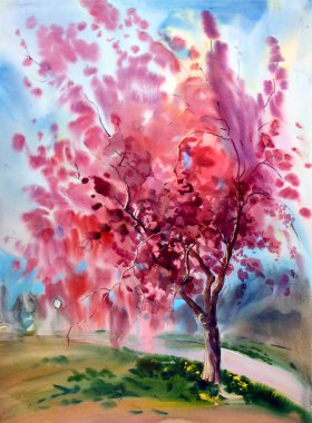 Watercolor painting landscape with blooming spring tree with flo clipart