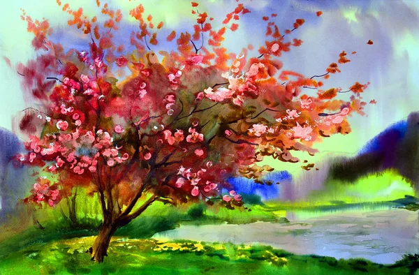 Watercolor painting landscape with blooming spring tree with flo — Stock Photo, Image