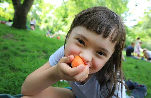 Young girl eating apricot in the park Royalty Free Stock Images
