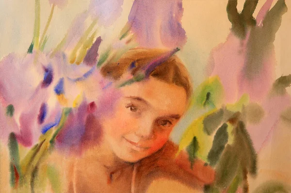 Retrato de aquarela de menina bonita com flores — Fotografia de Stock