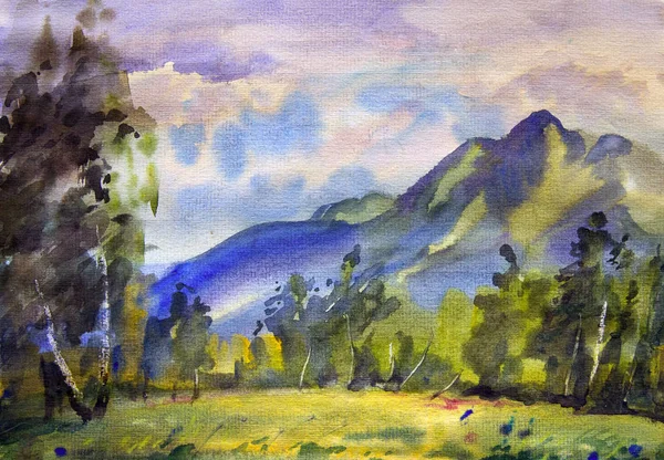 Sulu boya ile boyanmış dağ manzarası. — Stok fotoğraf