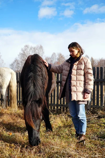 Beautiful young woman with a horse in the country — Stock Photo, Image