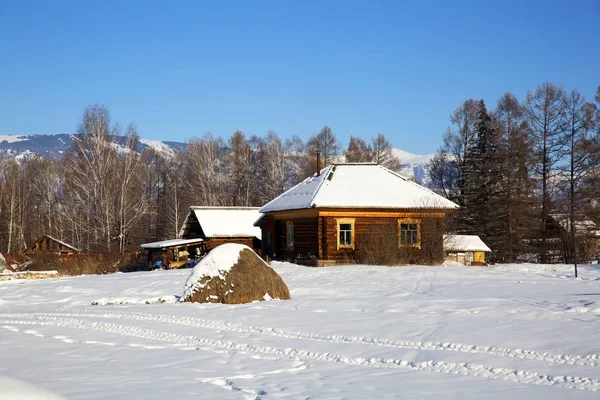 Ένα Τυπικό Ξύλινο Σπίτι Στο Ρωσικό Χωριό Zamulta Χειμώνα Στο — Φωτογραφία Αρχείου