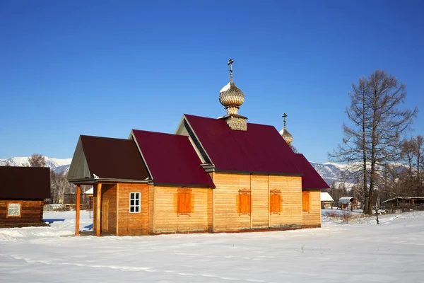 Malý Kostel Ruské Vesnici Zamulta Zimě Uimon Údolí Altaje — Stock fotografie