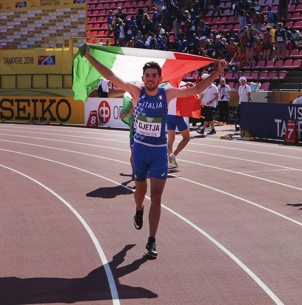 Tampere Finland Juli Klaudio Gjetja Wint Estafetteteam Italië 4X400 Meter — Stockfoto