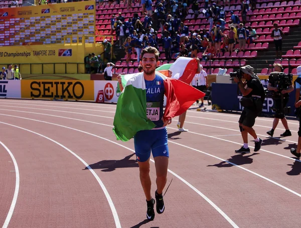 Tampere Finland Juli Klaudio Gjetja Wint Estafetteteam Italië 4X400 Meter — Stockfoto