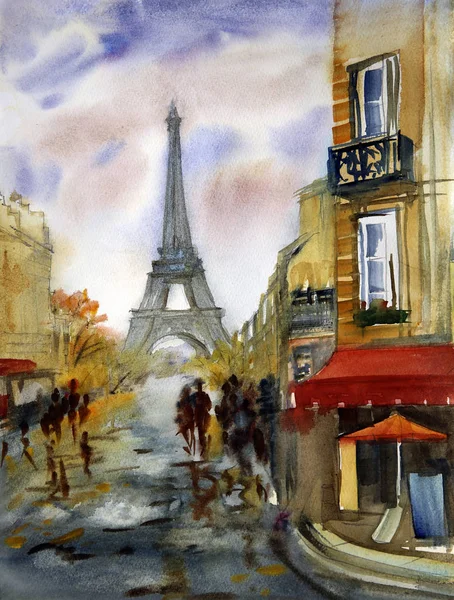 Pintura Aquarela Rua Paris Com Torre Eiffel — Fotografia de Stock