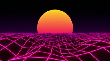 3D wireframe water waves sunset