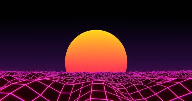3D wireframe water waves sunset