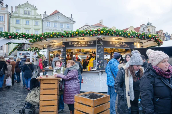 stock image Prague  Czech Republic  -5 December 2017: Large Group Tourists in Old Town Hall square Christmas market