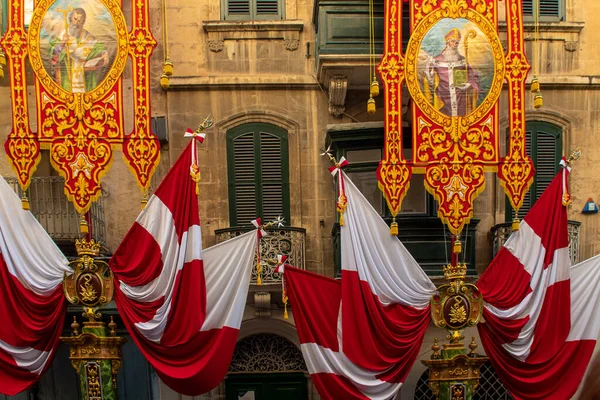 Valleta Malta February 2020 Bright Banners Flags Out Side Church — Stock fotografie