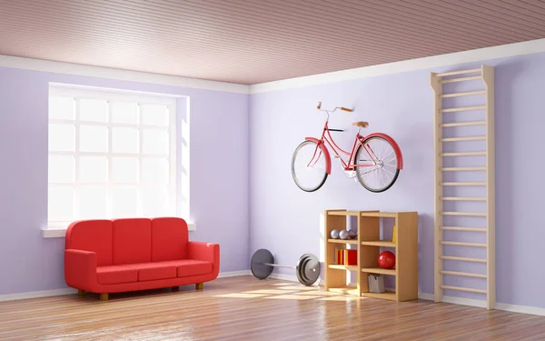 Home palestra con bicicletta — Foto Stock