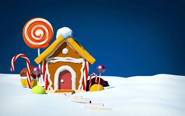 Casa di pan di zenzero su campo di neve — Foto Stock