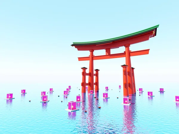 Japanse poort in water met lantaarns — Stockfoto