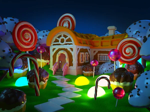 Terre de bonbons avec maison de fantaisie la nuit — Photo