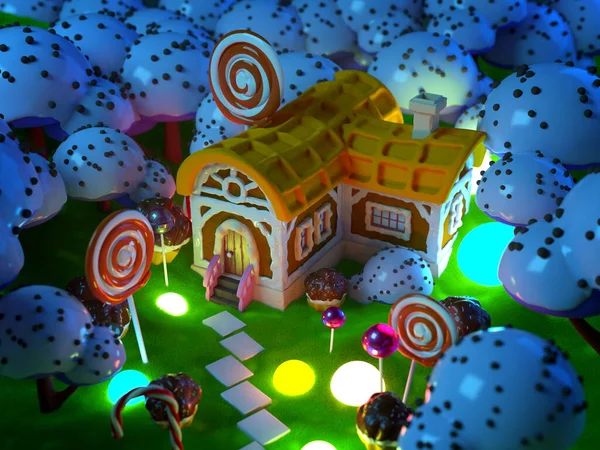 Candy land with fantasy house at night — Stock Photo, Image