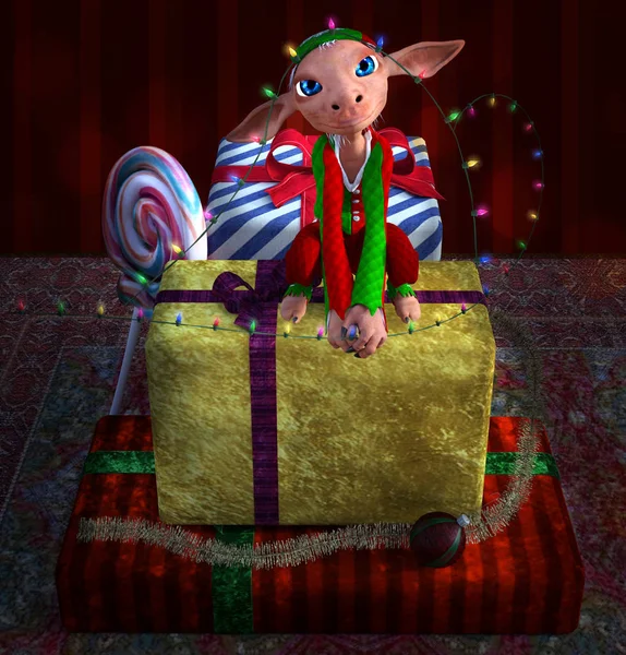 Elfo de Navidad se sienta en los regalos — Foto de Stock