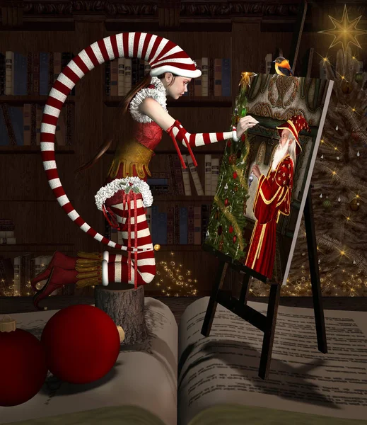 Christmas elf is painting a Santa Claus portrait — Stock Photo, Image