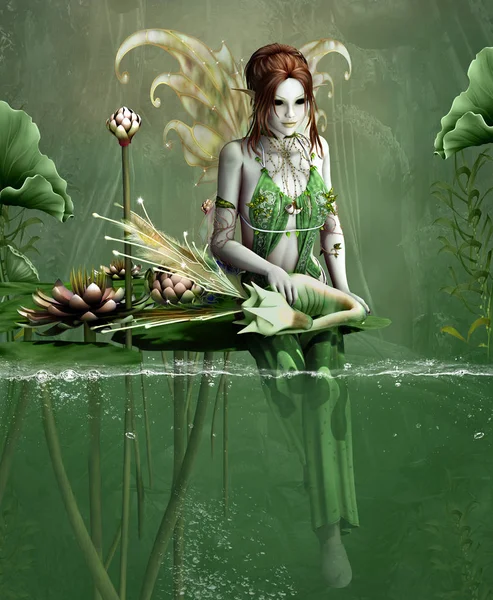 Hada verde con pequeños dragones de fantasía y lirios de agua —  Fotos de Stock