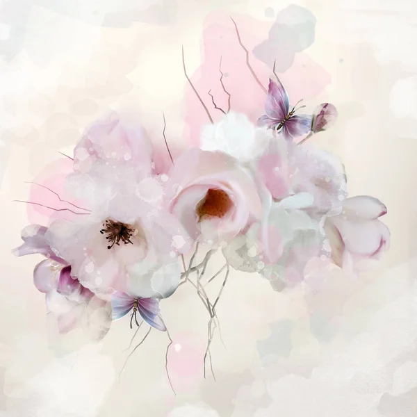 Bahar çiçekleri ile suluboya kompozisyon — Stok fotoğraf