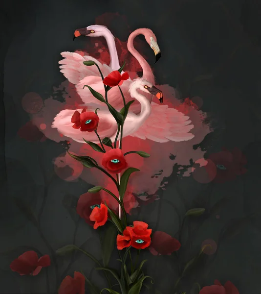 Pembe flamingolar ve haşhaş ile gerçeküstü illüstrasyon — Stok fotoğraf