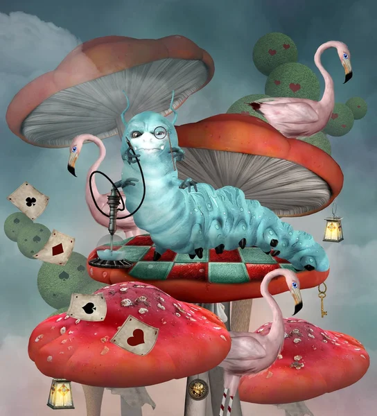 仙境系列 毛毛虫在童话般的风景里抽着一把水烟在蘑菇上 — 图库照片