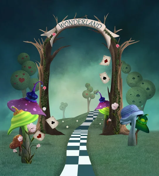 Wonderland Serie Fantasielandschaft Mit Spalieren Pilzen Und Willkommensbanner — Stockfoto