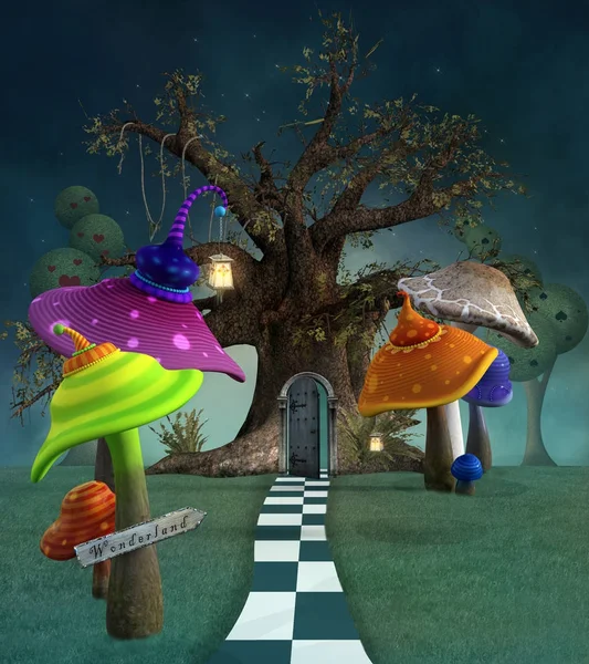 Série Wonderland Passo Passo Com Cogumelos Lanternas Árvore — Fotografia de Stock