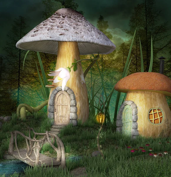 被迷住的精灵镇与蘑菇房子和桥梁 — 图库照片
