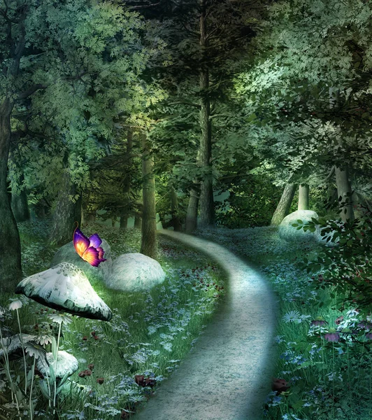 Bir yeşil fantezi ormanda güneş ışınları