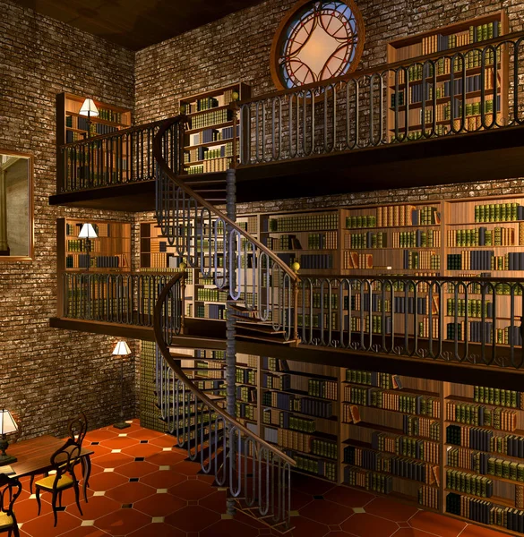 Fantasy steampunk library with spirl staircase
