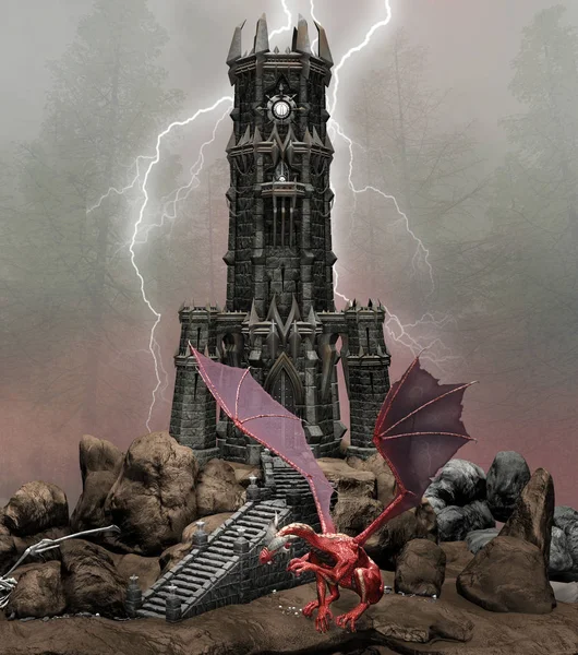 Floresta Negra Gótica Com Dragão Vermelho Por Uma Torre Medieval — Fotografia de Stock