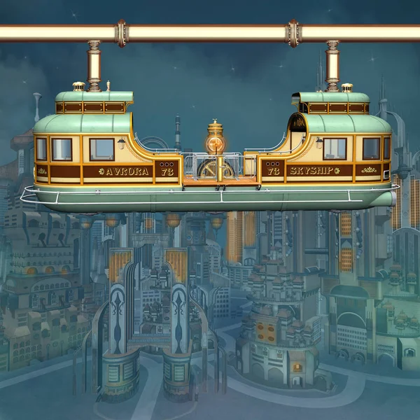 Panoramaresa Med Steampunkbuss Modern Stad Illustration — Stockfoto