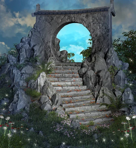 Escalier Menant Une Porte Magique Heure Soir — Photo