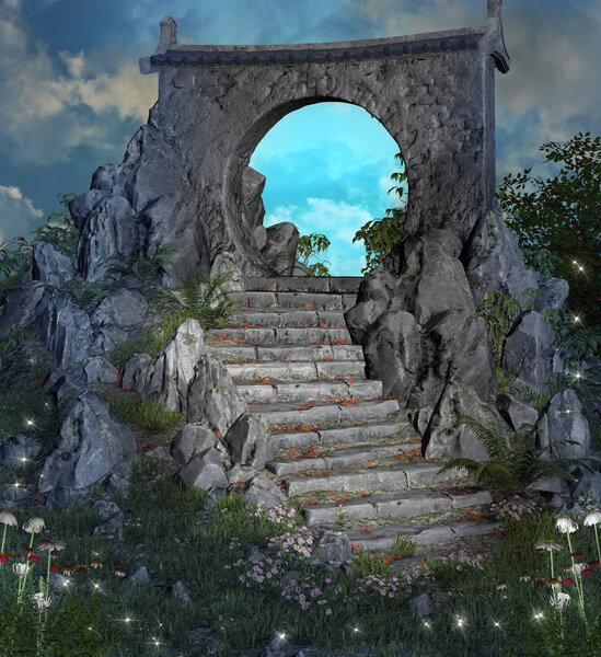 Flight of stairs leading to a magic gateway at evening time