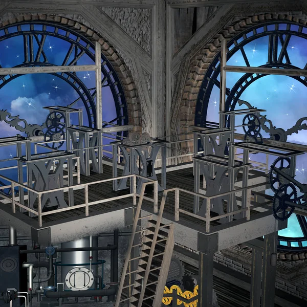 Laboratoire Steampunk Intérieur Une Tour Horloge Avec Vue Sur Nuit — Photo