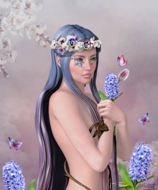 Springtime fairy with flowers and butterflies all around