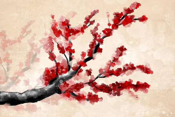 Branche Cerisier Avec Belles Fleurs Rouges Dans Style Aquarelle Numérique — Photo