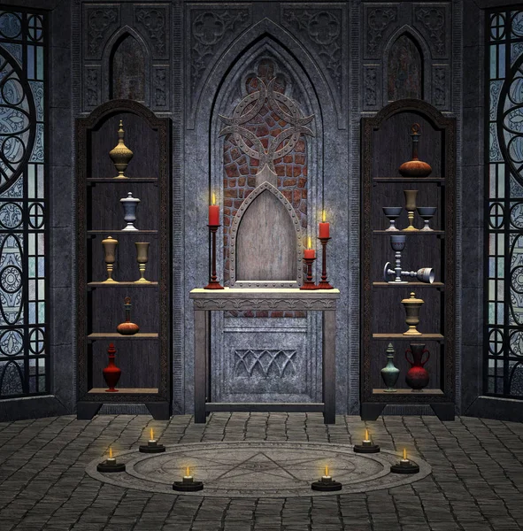 Misteriosa Sala Medieval Del Alquimista Con Altar Mágico — Foto de Stock
