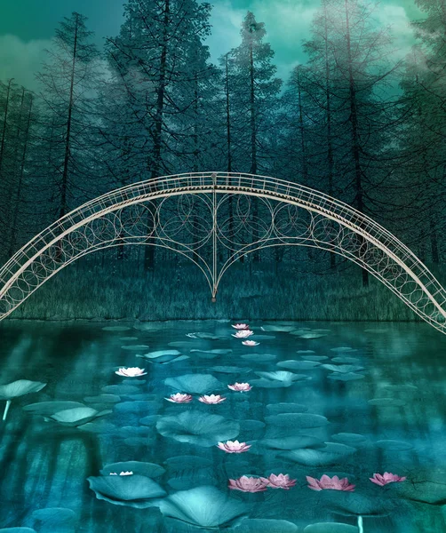 Темний Туманний Лісовий Пейзаж Мостом Над Кришталево Чистим Ставком — стокове фото